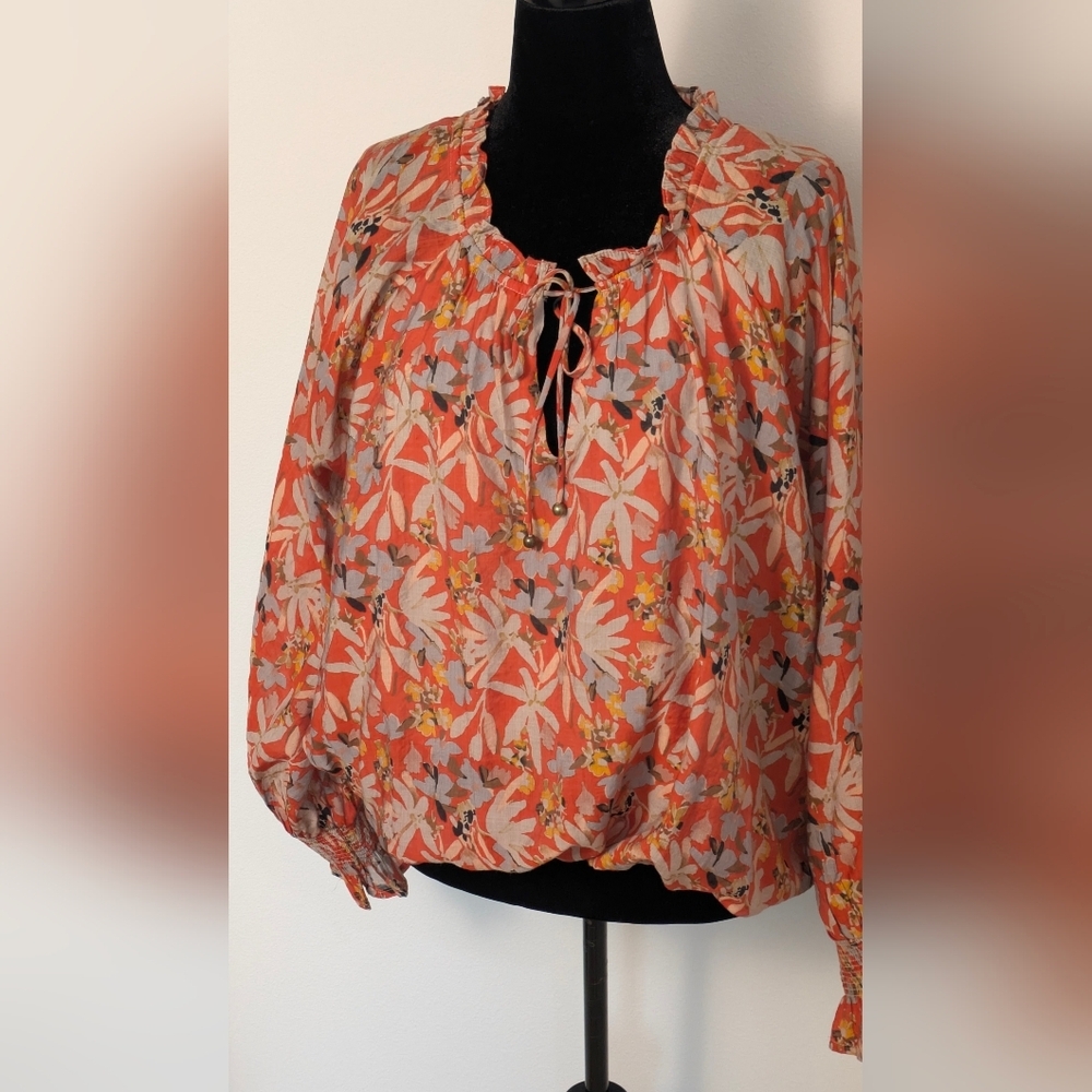 Entro Women's Floral Ruffle Balloon Sleeve Blouse Size L Color Rust Bohemian EUC - Picture 8 of 17